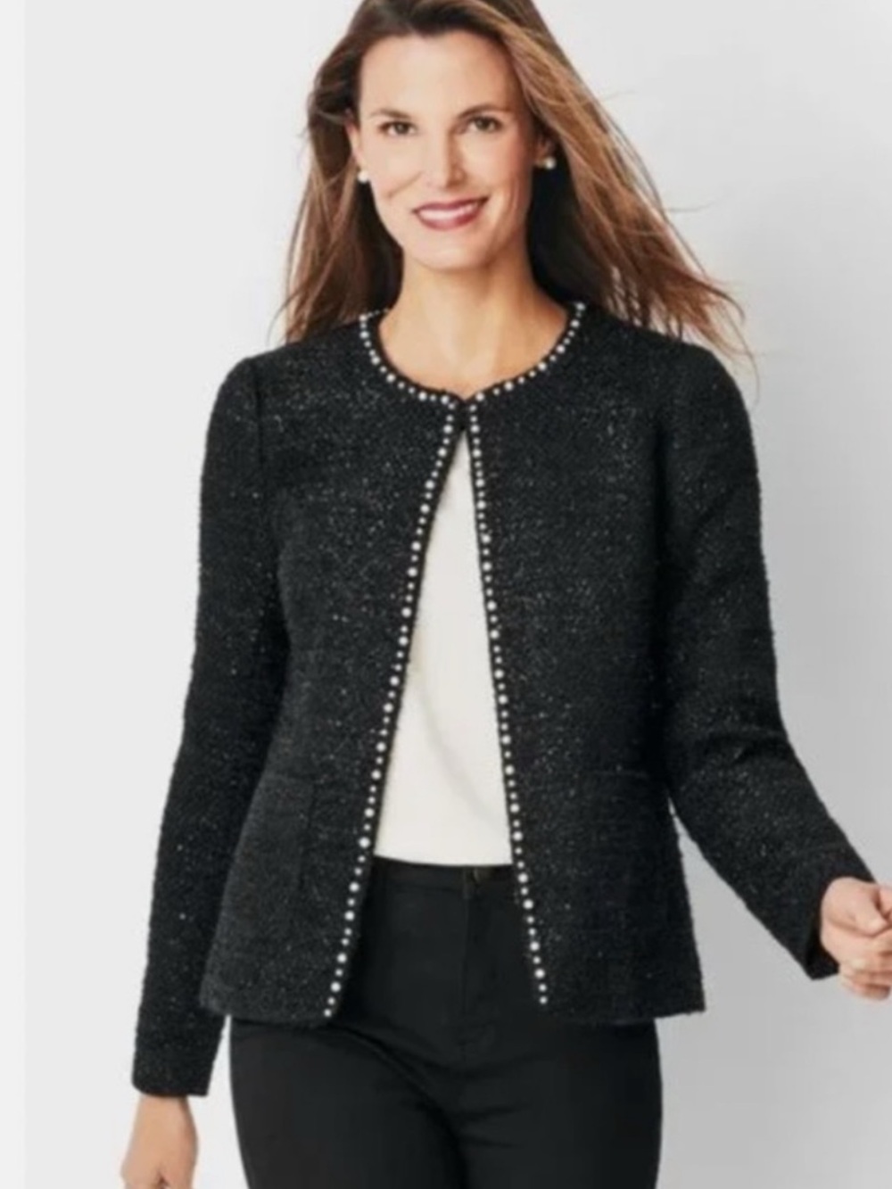 NWT Talbots Petite Metallic Tweed Pearl Trim Blazer